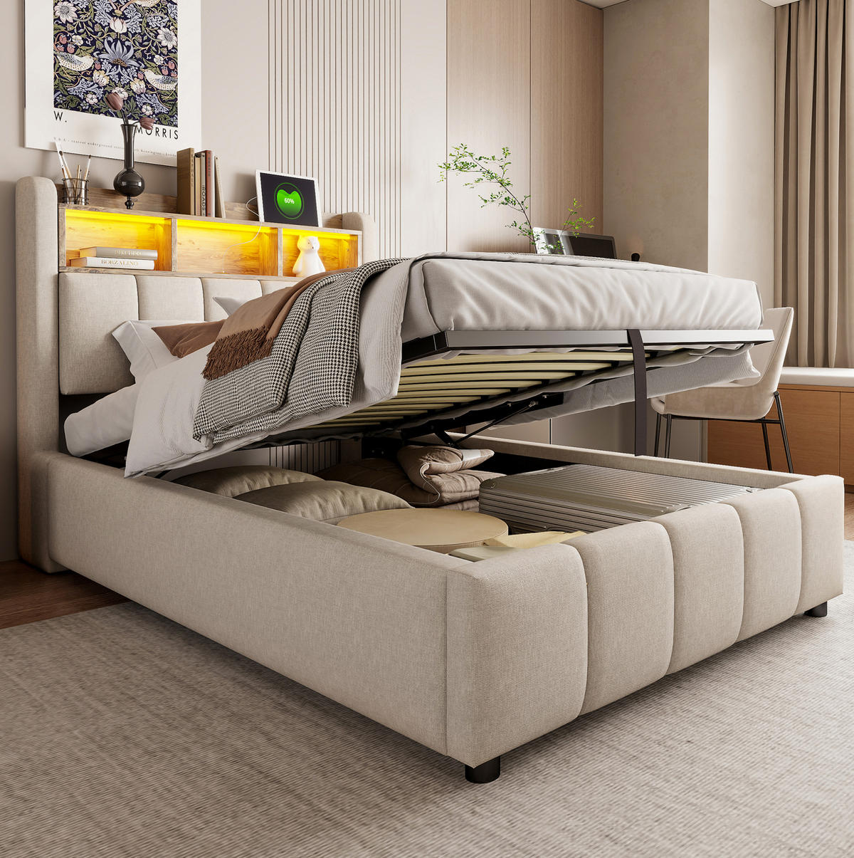 POLSTERBETT mit Stauraum, LED und USB 90x200 cm Beige - Beige, Metall (90/200cm) - Meubliv