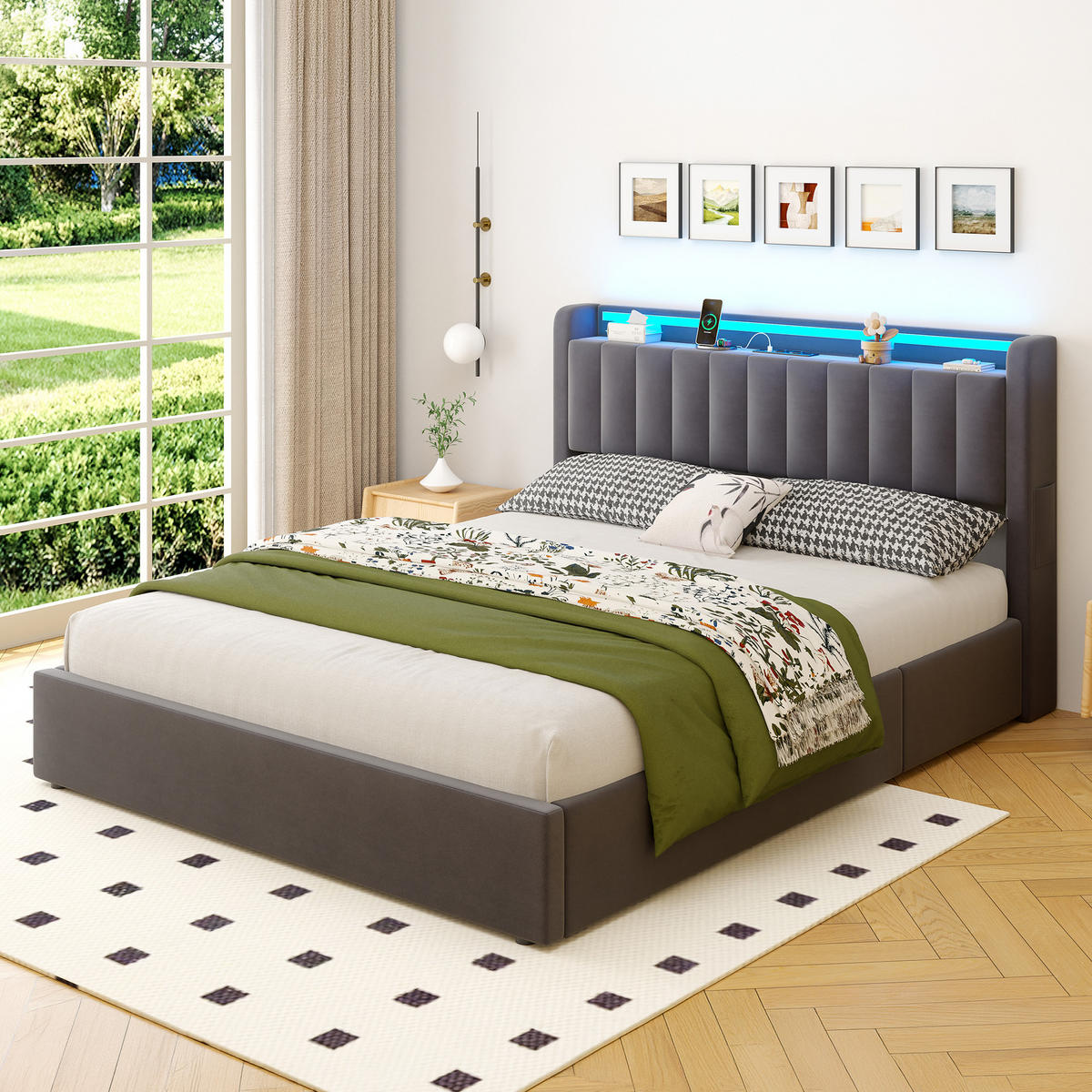 POLSTERBETT 160/200 cm in Grau, mit Bettkasten, Stauraum, USB und LED Beleuchtung, ohne Matratze - Grau, Holzwerkstoff/Textil (160/200cm) - WISHDOR