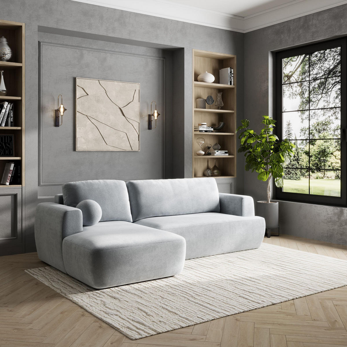 ECKSOFA SENTI K L-S Hellgrau Plüsch-Stoff mit Schlaffunktion - Hellgrau, Holz (246/148cm) - MASSENO