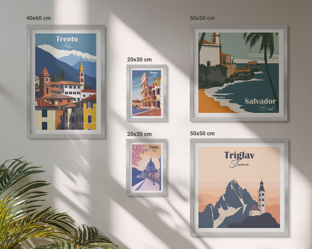 BILDER SET 5er Set - 50x50 cm & 20x30 cm & 40x60 cm Silberner Rahmen - Blicke auf berühmte Orte am Meer - Silberfarben, Kunststoff (40/60cm) - TULUP