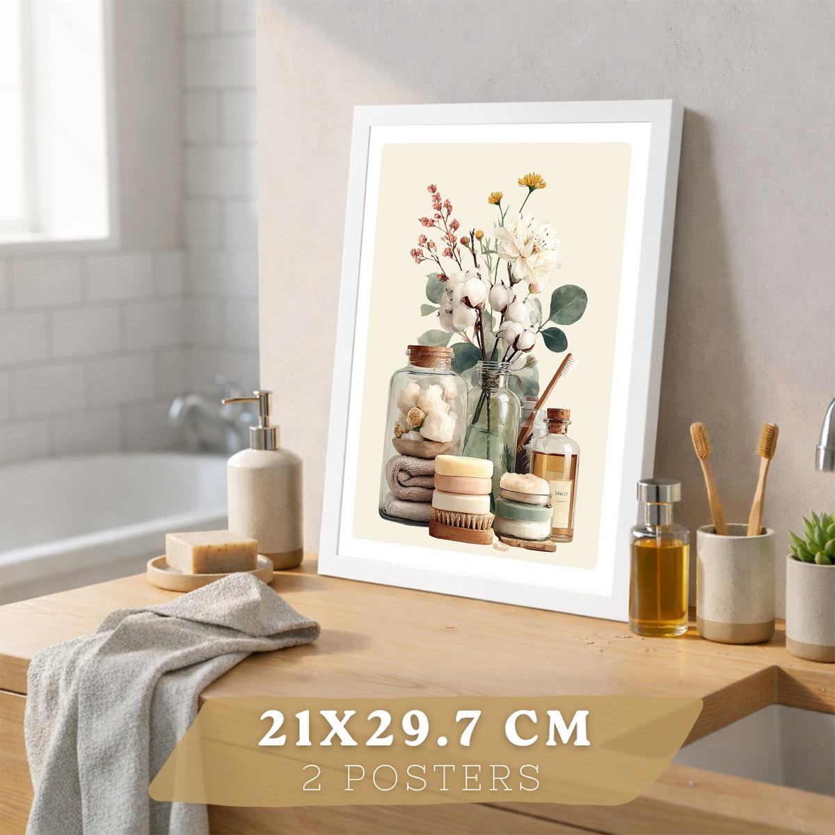 PLAKÁT Sada 2 dekorativních tisků do ve lázeňském stylu Bílý rám A4 - bílá, papír (29.7/21/3cm) - Nacnic