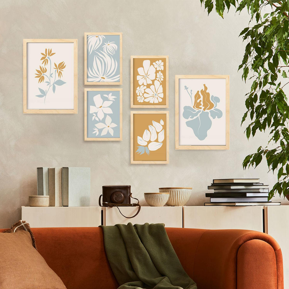 POSTER Set Mit 6 Blumenrahmen 1 In Blume Zusammenfassung Ästhetische Dekorative Gemälde Für Ihr Wohnzimmer Zuhause A3 & A4 Rahmen Aus Hellem Holz - Beige, Papier (29/3cm) - Nacnic