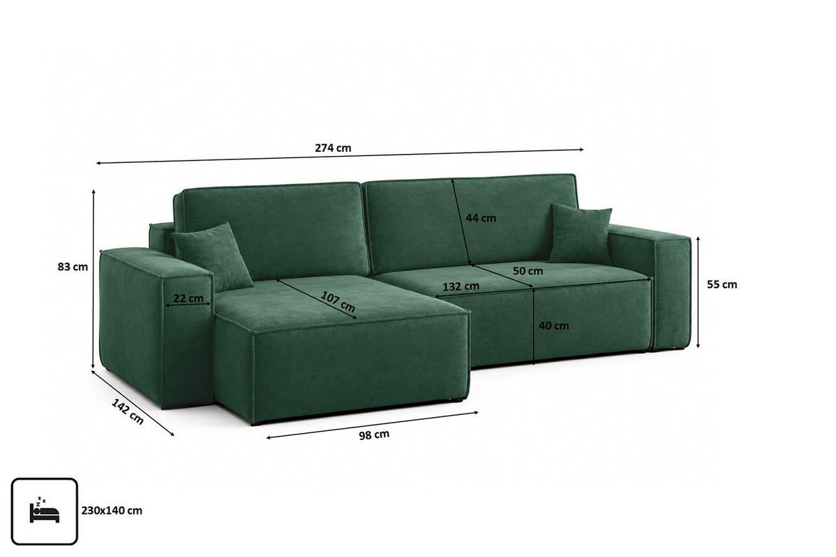 ECKSOFA L-Form Mit Schlaffunktion Und Bettkasten, Veloursstoff Bluvel, Grün, Links, BEST XL - Grün, Holz (274/142cm) - Kaiser Möbel