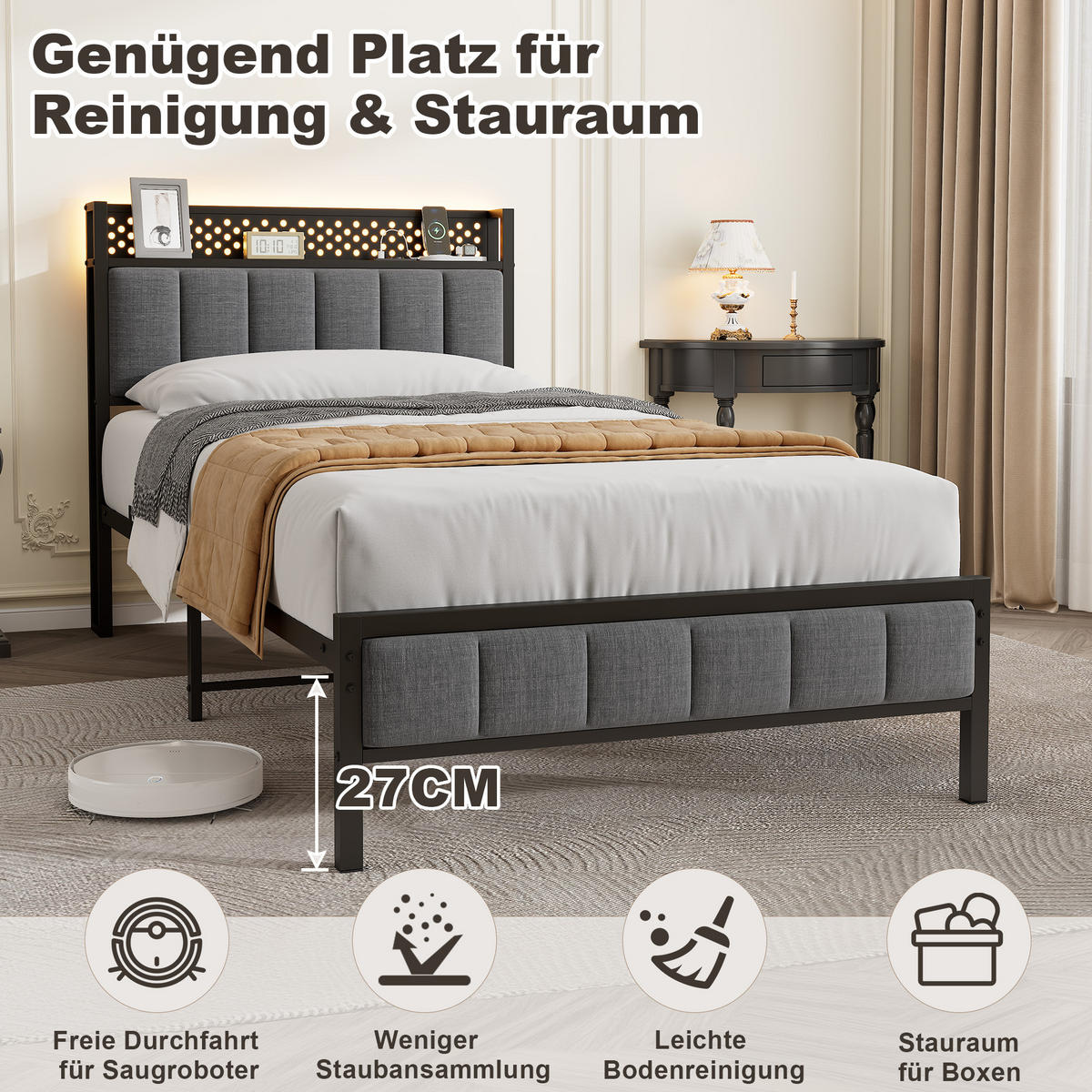 METALLBETT 90/200 cm in Schwarz mit gepolstertem Kopfteil, LED und USB - Schwarz, Holzwerkstoff/Textil (90/200cm) - CHICFURN