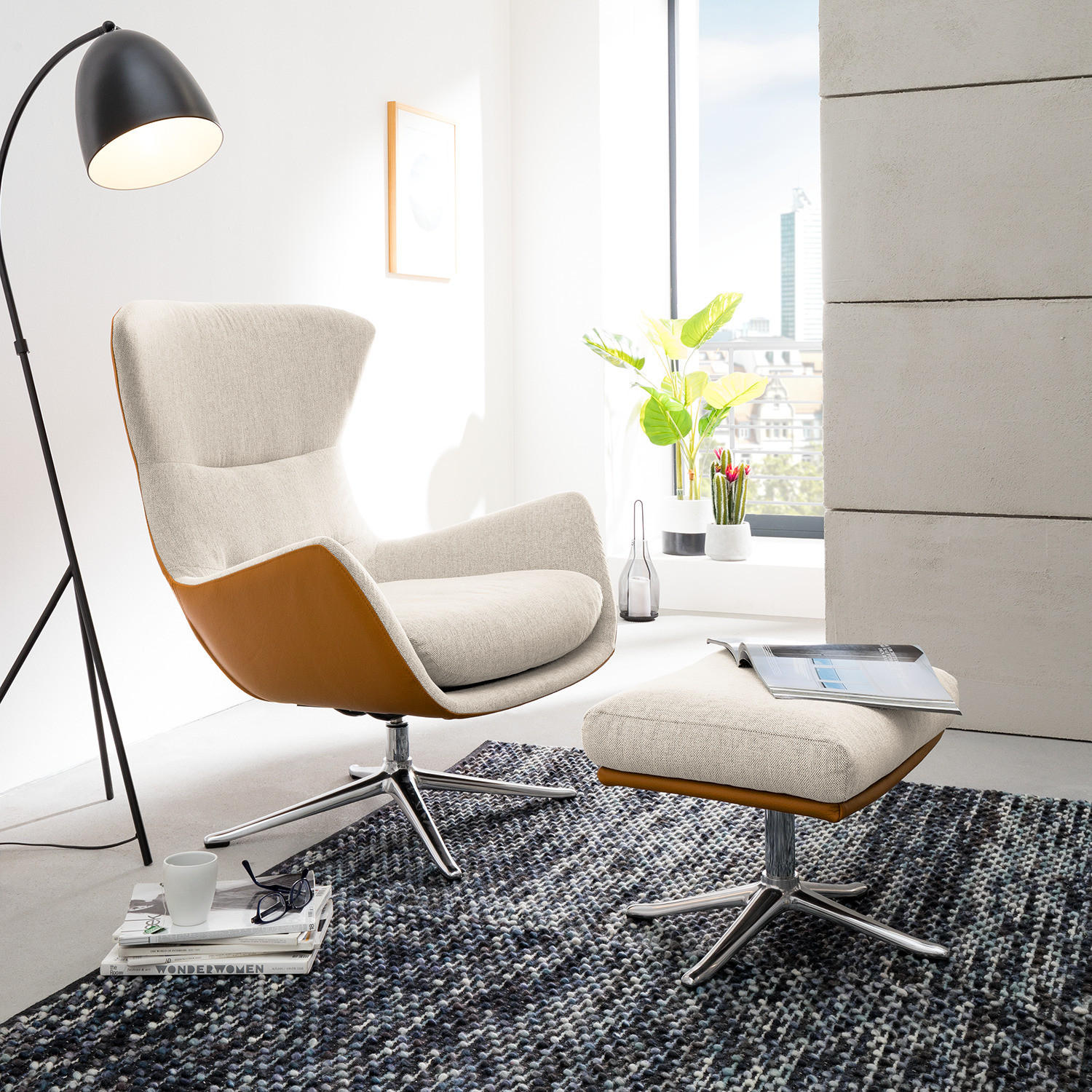 HOCKER mit Kreuzfuß - Chromfarben/Cognac, Textil (54/41/41cm) - home24