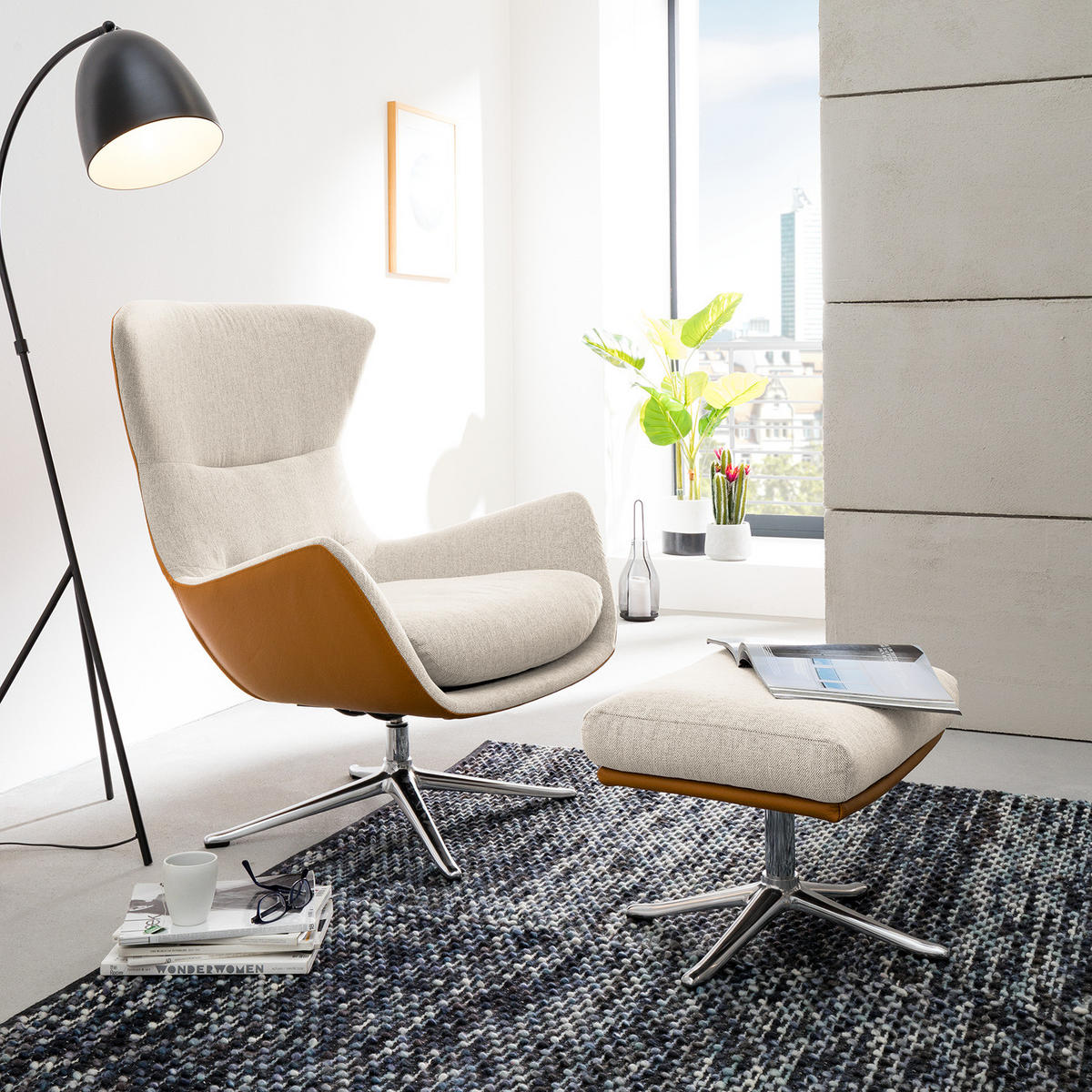 HOCKER mit Kreuzfuß - Chromfarben/Cognac, Textil (54/41/41cm) - home24