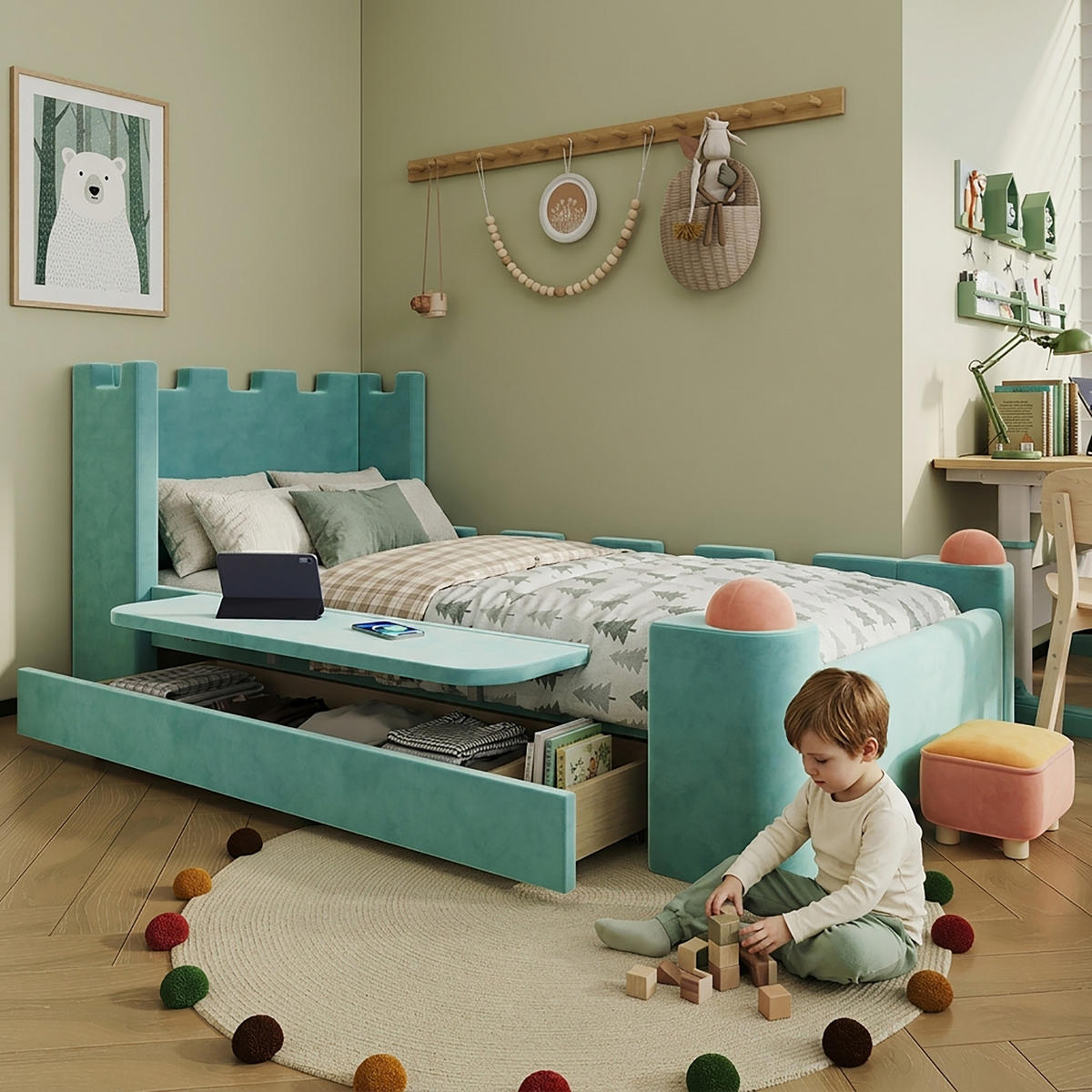 KINDERBETT 90/200 cm in Blaugrün mit klappbarer Seitenablage und Stauraum-Schublade - Grün, Holzwerkstoff/Textil (90/200cm) - WISHDOR