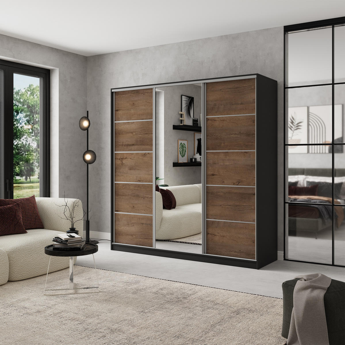 SCHWEBETÜRENSCHRANK NATA 180/205/58 cm 3-türig mit Spiegel und Schubladen Schwarz / Eiche Lefkas - Eichefarben/Silberfarben, Holzwerkstoff (180/205/58cm) - MASSENO