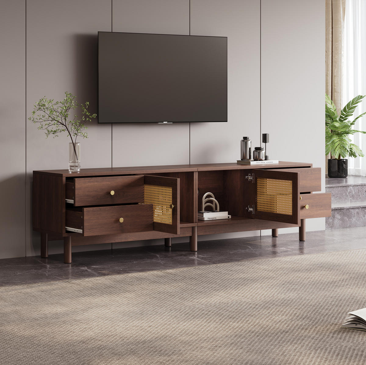 TV-LOWBOARD 180/35/44 cm mit 4 Schubladen, Rattantüren & Kabeldurchlass - Rotbraun, Holzwerkstoff (180/44/35cm) - BEAOK