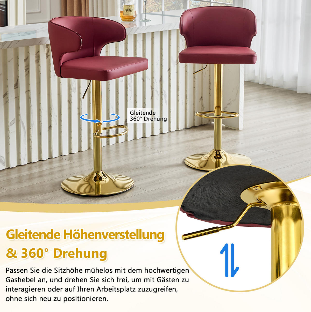 2ER-SET Barhocker mit Lehne, höhenverstellbar, drehbar, Rot - Rot, Metall (45/110/49.7cm) - Meubliv