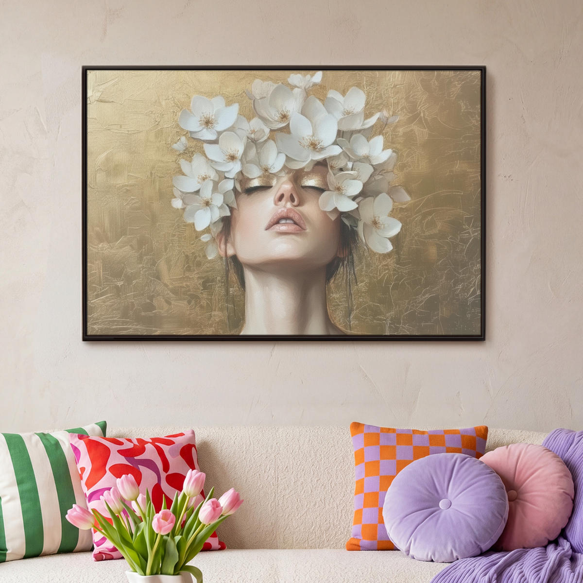 LEINWAND Bilder mit Rahmen - Gesicht - Blumen - Gold - Abstrakt - 90x60 - Goldfarben, Textil (90/60cm) - MuchoWow