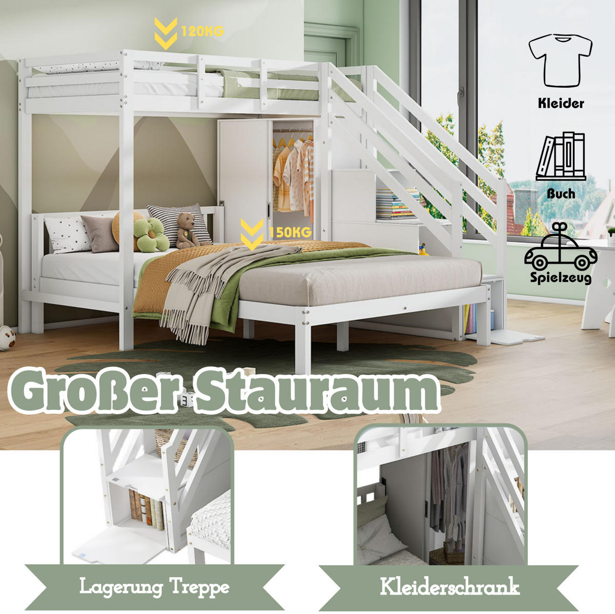 ETAGENBETT 90/200 cm mit Kleiderschrank, Aufbewahrungstreppe und Lattenrost aus Massivholz und MDF, Weiß - Weiß, Holz (90/200cm) - Redom