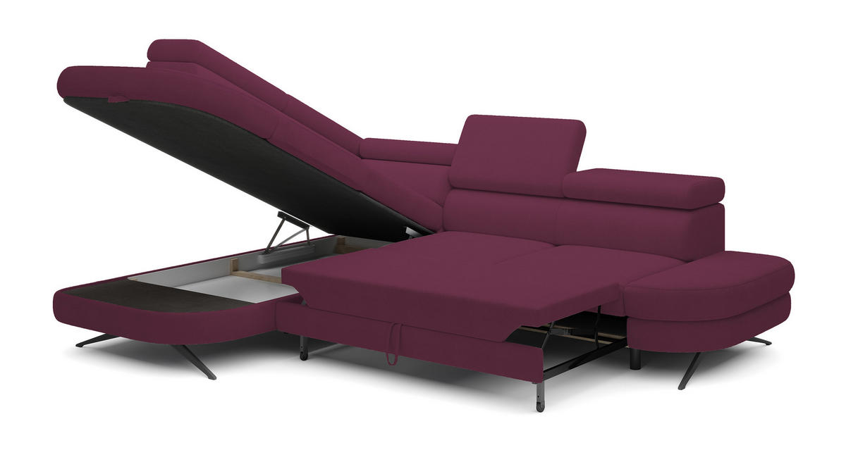 ECKSOFA OTIS L-förm, Schlaffunktion, verstellbare Kopfstützen, in AURORA-Stoff, lose Rückenkissen, freistehend, LINKS 218x276x97 cm Purple - Lila, Holz/Textil (218/276cm) - DomoHome