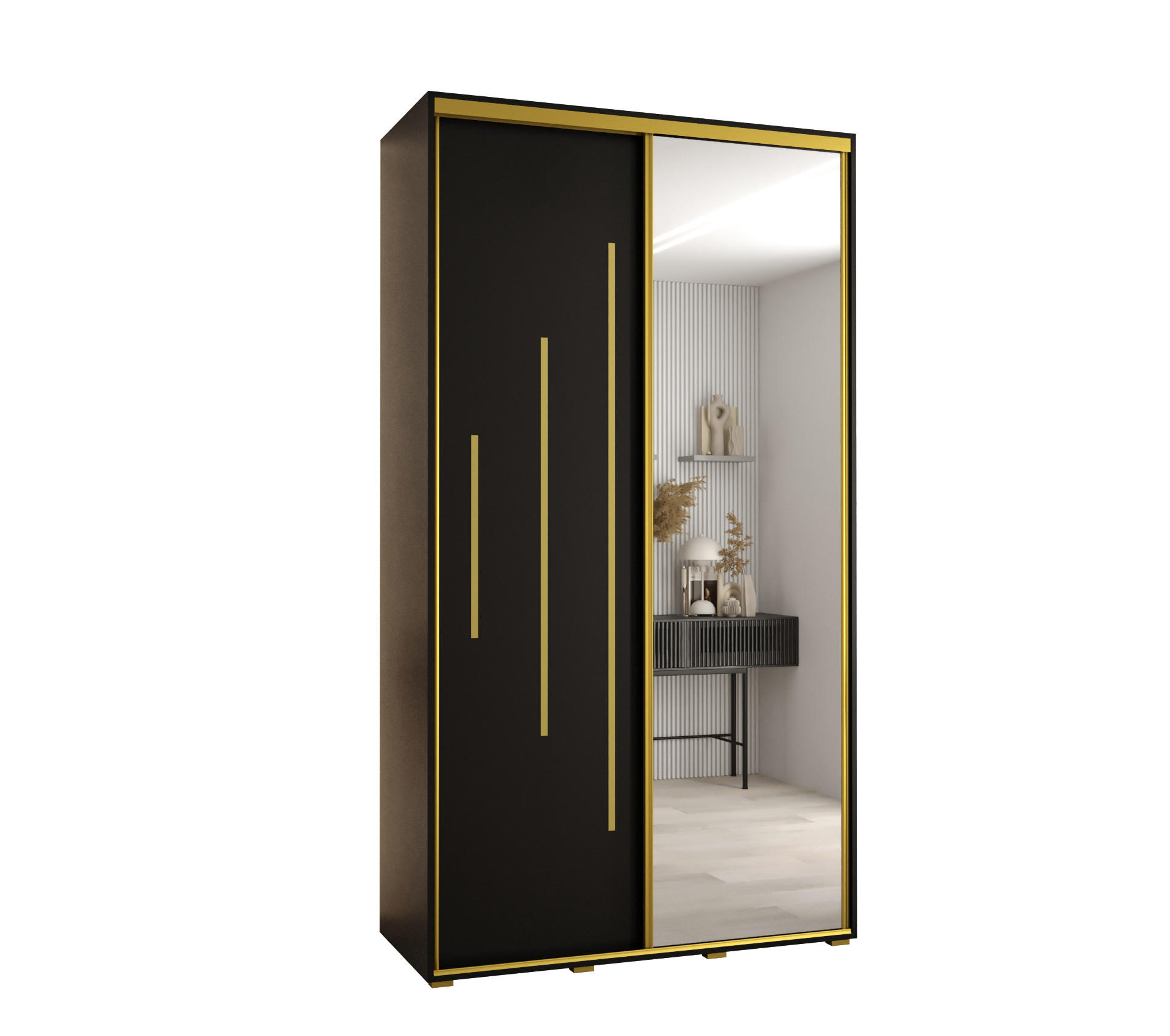 Abiks Möbel Schwebetürenschrank Schwarz, Schwarz, Gold 130x235x45 cm