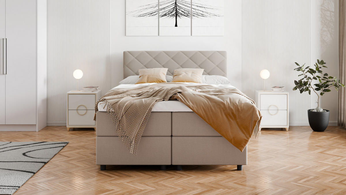 BOXBETT Diamaro 140x200 cm mit Bettkasten und Topper - Cappucino - Beige, Holz (140/200cm) - Panda Möbel