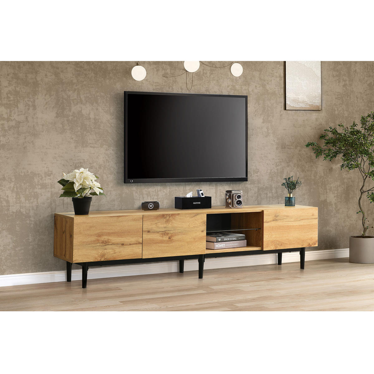TV-SCHRANK in Light Oak und Schwarz mit LED Beleuchtung 175/31/41 cm - Eichefarben, Holzwerkstoff (175/41/31cm) - Redom