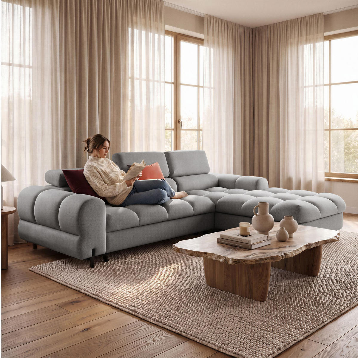 ECKSOFA UFFO L Rechts mit Schlaffunktion 260x195 Velours Hellgrau - Hellgrau/Schwarz, Holz/Textil (195/260cm) - Muffo