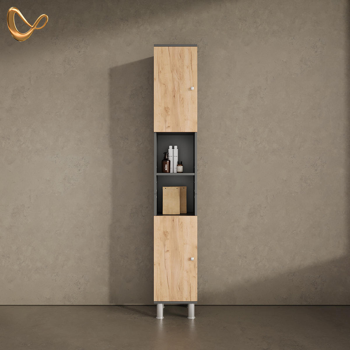 BADSCHRANK Fucino Anthrazit/Goldkraft Eiche 30 x 190 cm - Honigeiche/Anthrazit, Holzwerkstoff (30/190/30cm) - Livinity®