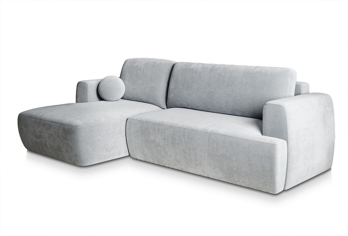 ECKSOFA SENTI K L-S Hellgrau Plüsch-Stoff mit Schlaffunktion - Hellgrau, Holz (246/148cm) - MASSENO