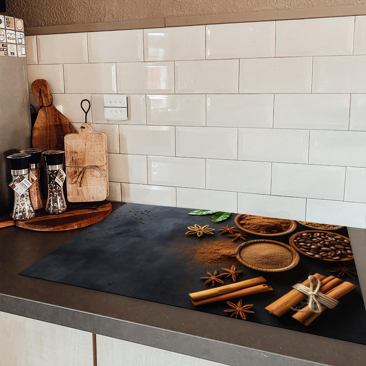 HERDABDECKPLATTE Zimt - Beton - Kaffee - Zimtstangen - Gewürze 77x51 cm - Mokka, Kunststoff (77/0.2/51cm) - MuchoWow