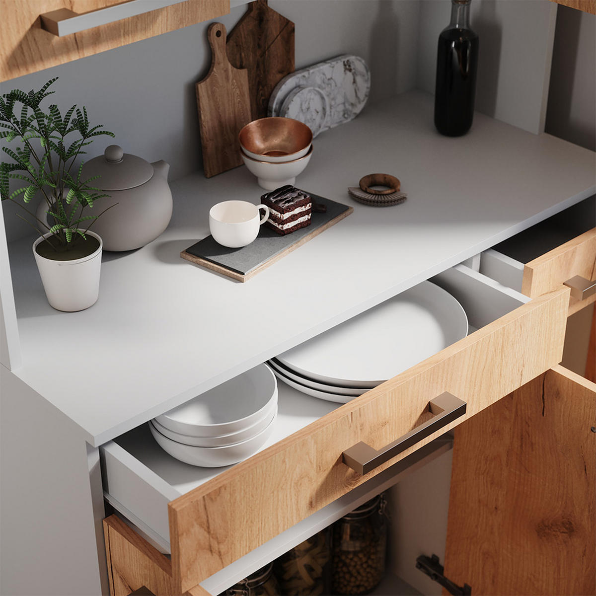 KÜCHENBUFFET Raul Weiß/Goldkraft Eiche 100.1 x 188.5 cm mit 5 Türen & 2 Schubladen - Honigeiche/Eiche Wotan, Holzwerkstoff (100.1/188.5/46cm) - Vicco