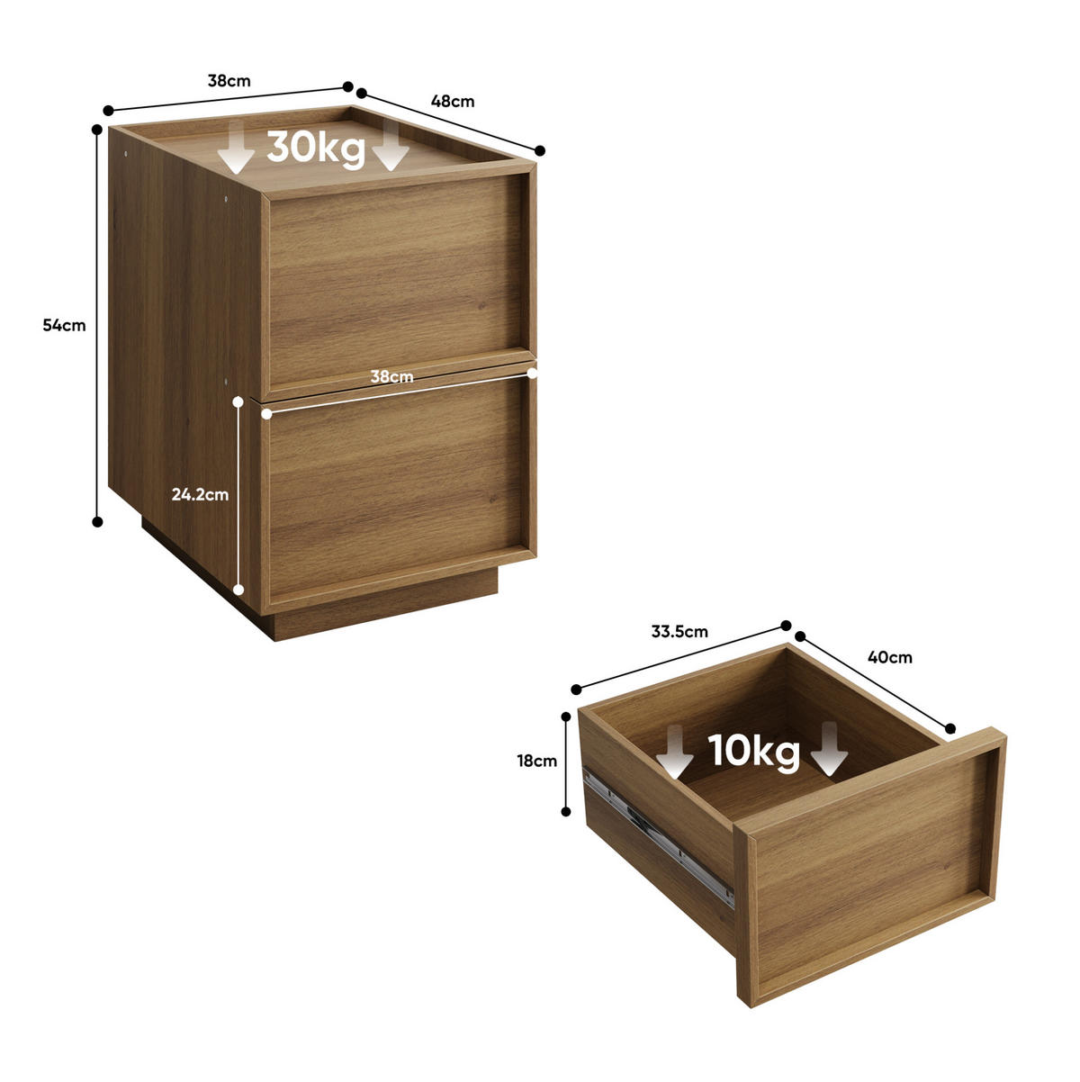 NACHTTISCH 38/48/50 cm mit 2 Schubladen 38/48/55 cm in Eichenoptik, grifflos und kompakt - Braun, Holzwerkstoff (48/50/38cm) - BEAOK