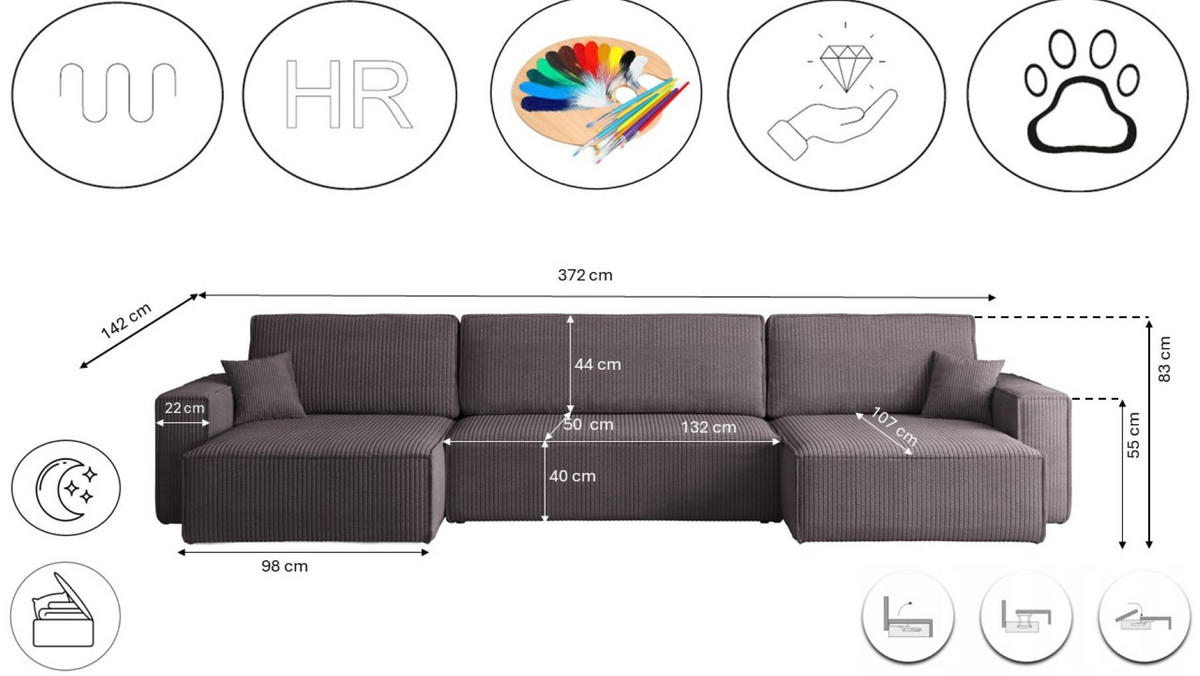 ECKSOFA Mit Schlaffunktion Und Bettkasten BEST U XL Stoff Poso Dunkelgrau - Dunkelgrau, Holz (142/372cm) - Kaiser Möbel