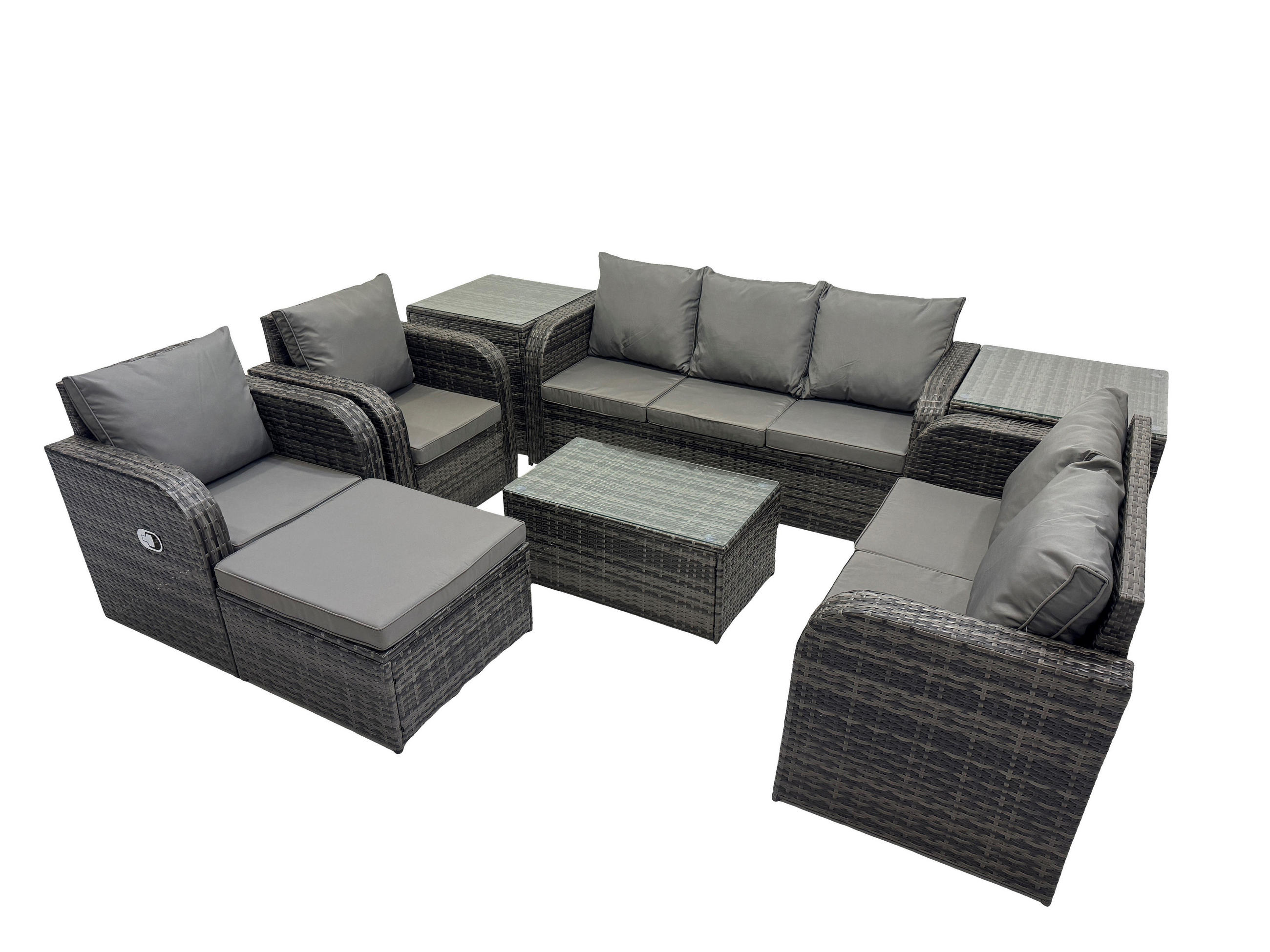 GARTENMÖBELSET mit Couchtisch Polyrattan 8-Sitzer - Dunkelgrau/Grau, Glas/Kunststoff - Fimous