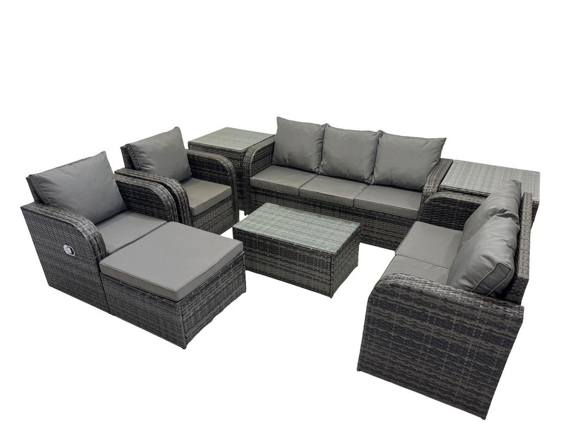 GARTENMÖBELSET mit Couchtisch Polyrattan 8-Sitzer - Dunkelgrau/Grau, Glas/Kunststoff - Fimous