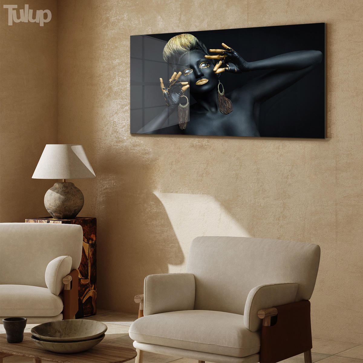 GLASBILD 120x60 cm Frau - Dunkelgelb/Schwarz, Glas (120/60cm) - TULUP