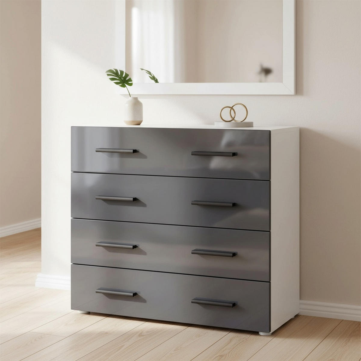 KOMMODE Den, Sideboard mit 4 Schubladen, Made in Germany, Moderner Schrank, Weiß matt / Grau Hochglanz (76 x 72 x 35 cm) - Grau, Holzwerkstoff (76/72/33cm) - InnoFurn