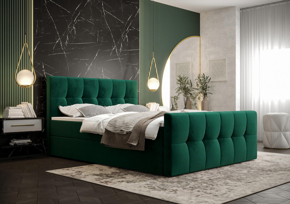 BOXBETT MANHATTAN mit Matratze H3, Bonell und Topper 180x200 Monolith 37 - Grün, Holz/Textil (180/200cm) - Bedante