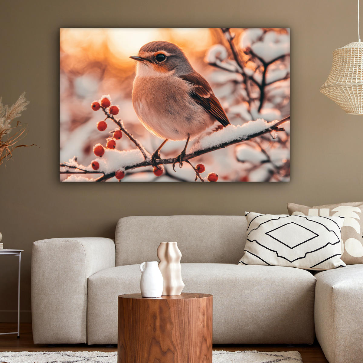 LEINWANDBILD Vogel - Zweig - Winter - Tiere - Schnee Wohnzimmer 120x80 cm - Bernsteinfarben, Textil (120/80cm) - MuchoWow