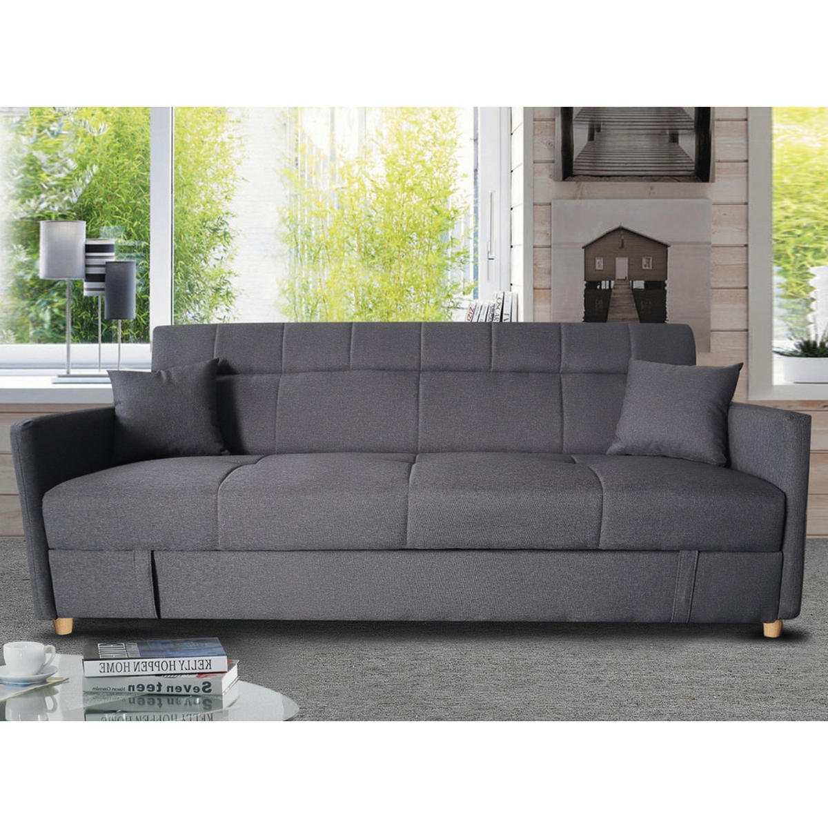 SCHLAFSOFA adare grau 3-sitzer stoff - Grau, Holzwerkstoff (198/85/85cm) - Concept Usine