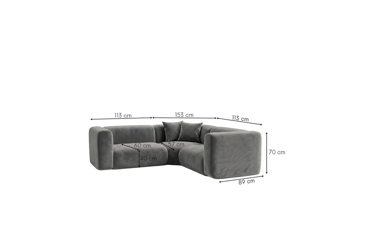 ECKSOFA Modulares, Corner Mini, Velvet-Stoff Bluvel, Aschgrau, GRETA - Grau, Holz (190/190cm) - Kaiser Möbel