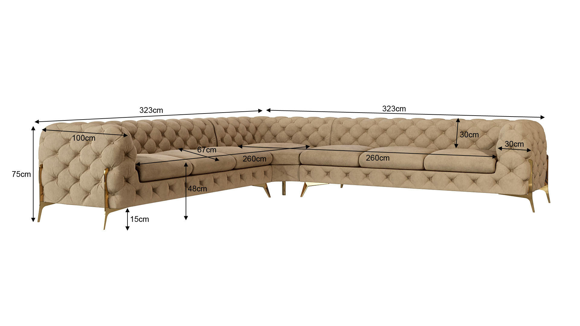 ECKSOFA Chesterfield Lexi Beige Samt - Beige/Goldfarben, Holz/Textil (323/323cm) - S-Style Möbel