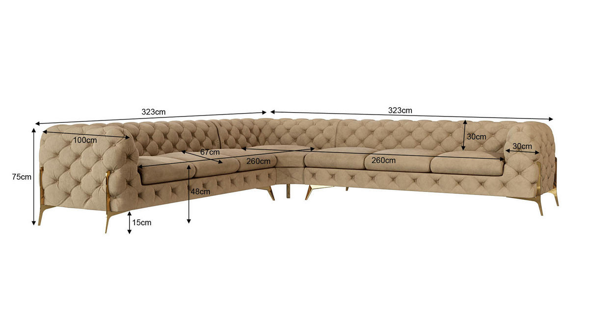 ECKSOFA Chesterfield Lexi Beige Samt - Beige/Goldfarben, Holz/Textil (323/323cm) - S-Style Möbel