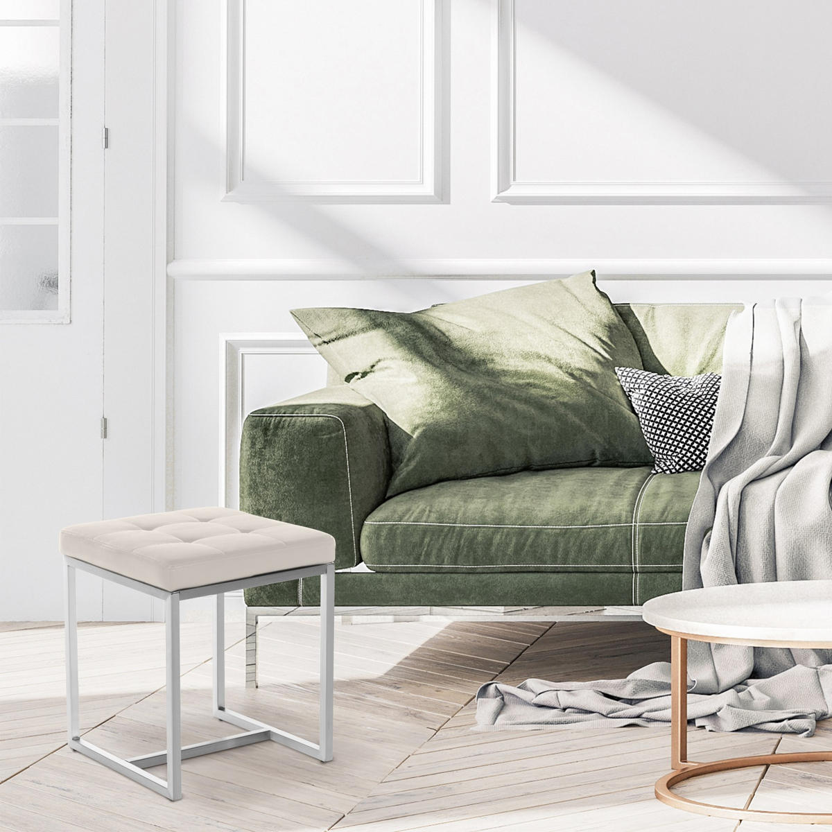 HOCKER Lederlook creme - Edelstahlfarben/Creme, Textil/Metall (40/48/40cm) - CLP