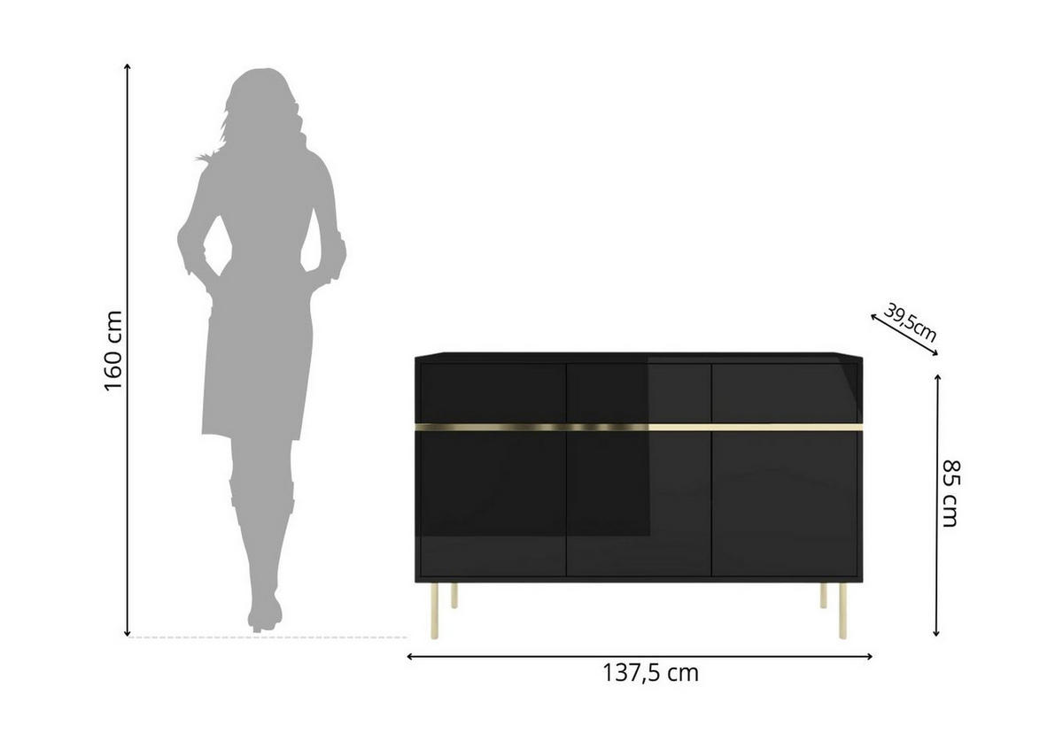 SIDEBOARD Marika, Schwarz, Gold, Hochglanz - Goldfarben/Schwarz, Holzwerkstoff/Metall (137.5/85/39.5cm) - Dancan