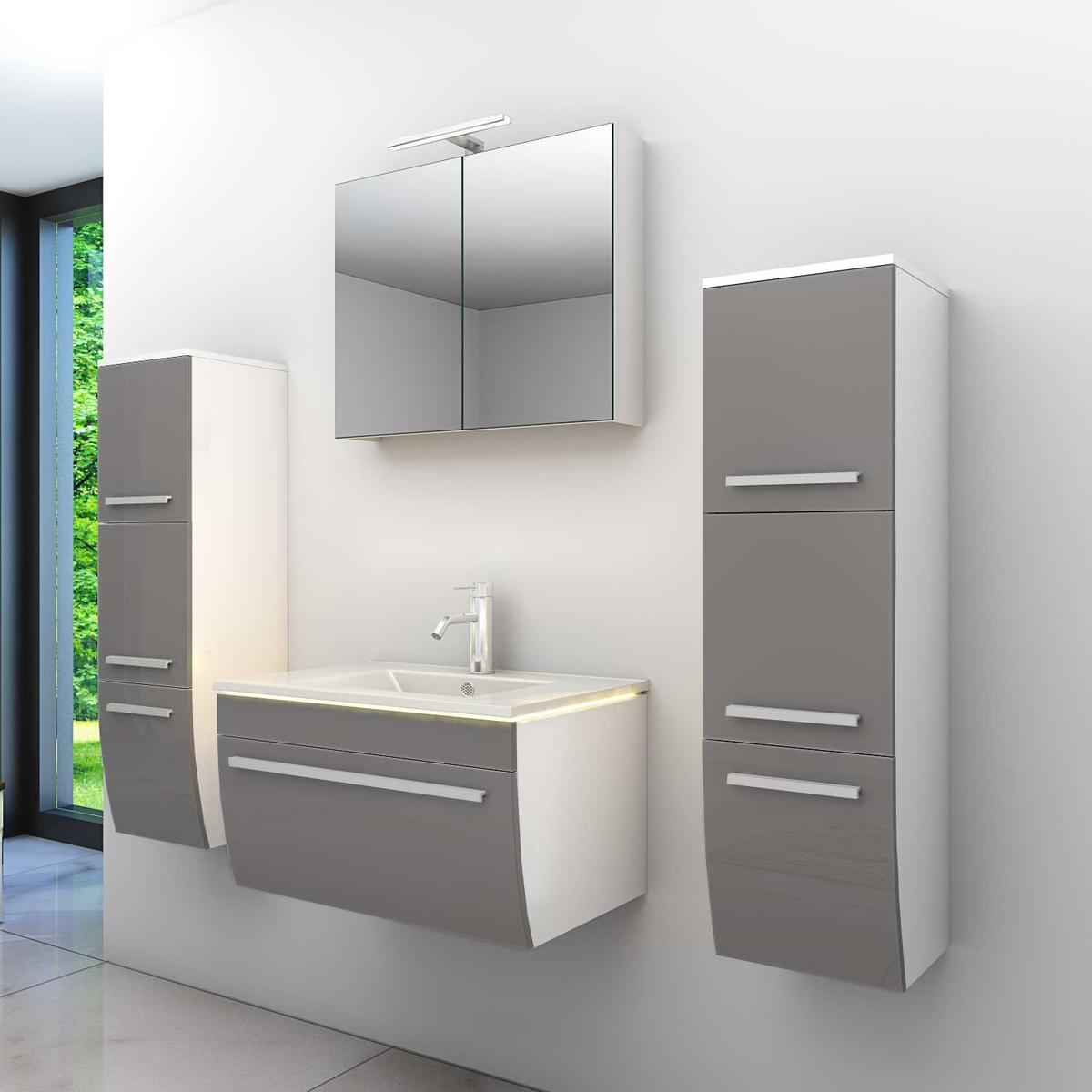 BADMÖBEL Set Gently 3 V3 Weiß/Grau Badezimmermöbel Badspiegel Waschtisch 70 cm mit 1x 5W LED / Energiebox - Grau, Glas/Kunststoff (46/40/70cm) - AcquaVapore by Sandra Jentho