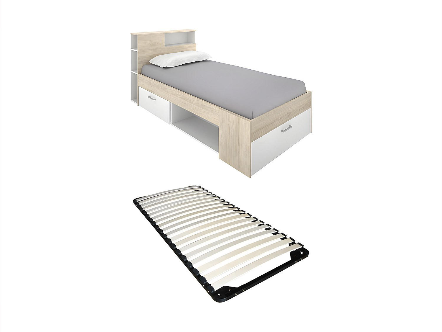 BETT mit Kopfteil, Stauraum & Schublade + Lattenrost - 90 x 190 cm - Weiß und Holzfarben - LEANDRE - Naturfarben, Holz (90/190cm) - Vente-Unique