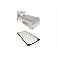 BETT mit Kopfteil, Stauraum & Schublade + Lattenrost - 90 x 190 cm - Weiß und Holzfarben - LEANDRE - Naturfarben, Holz (90/190cm) - Vente-Unique