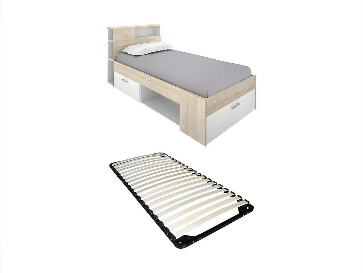 BETT mit Kopfteil, Stauraum & Schublade + Lattenrost - 90 x 190 cm - Weiß und Holzfarben - LEANDRE - Naturfarben, Holz (90/190cm) - Vente-Unique
