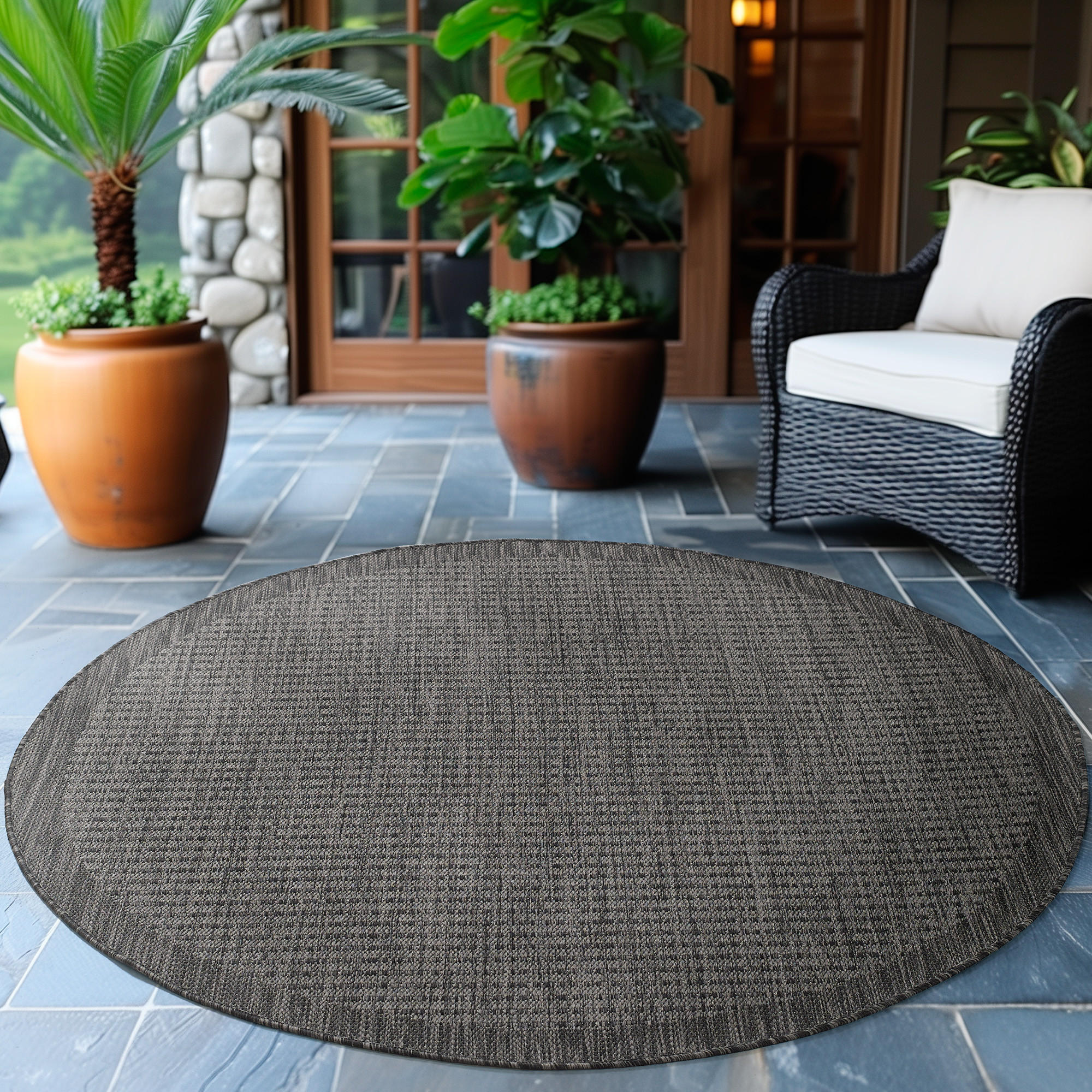TEPPICH Outdoor Flachgewebe Uni-Farbe Polypropylen Balkon Schwarz Rund 200x200 - Schwarz, Textil (200/200cm) - KADIMA DESIGN