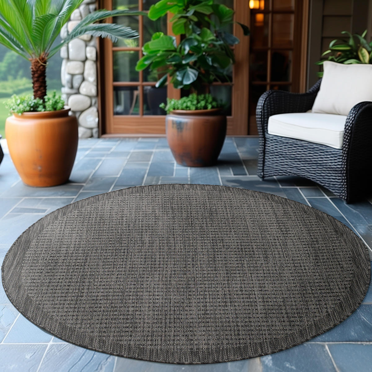 TEPPICH Outdoor Flachgewebe Uni-Farbe Polypropylen Balkon Schwarz Rund 200x200 - Schwarz, Textil (200/200cm) - KADIMA DESIGN