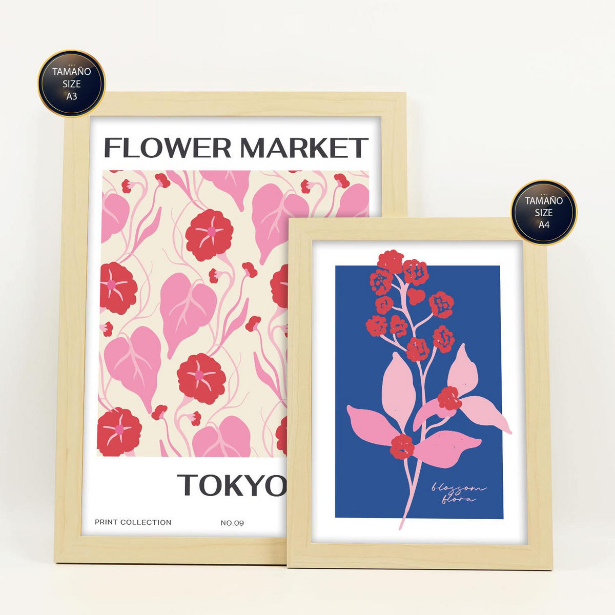 POSTER Set Mit 6 Blumen Blumenmarkt Natur Und Botanikdrucke Für Innenarchitektur A3 & A4 Rahmen Aus Hellem Holz - Beige, Papier (29/3cm) - Nacnic