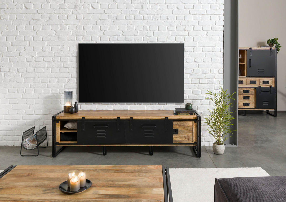 TV-BOARD Mango 200x45x55 natur klar lackiert / Metall schwarz BLACKBURN #101 - Naturfarben, Holz (45/55/200cm) - Massivmoebel24