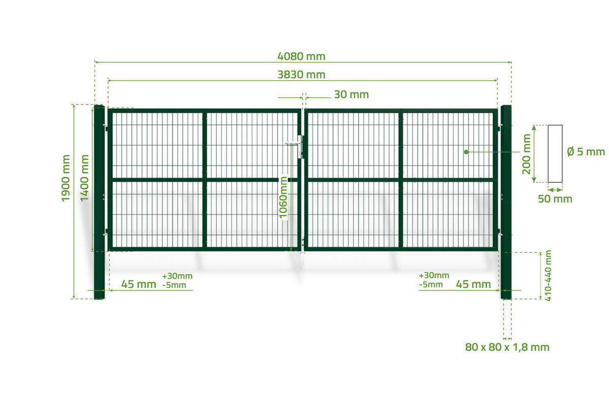 ZAUNTOR Razo Grün 4m H.140cm + TÜRCHEN 1m H.140cm - Grün, Metall (408/146cm) - Casanoov