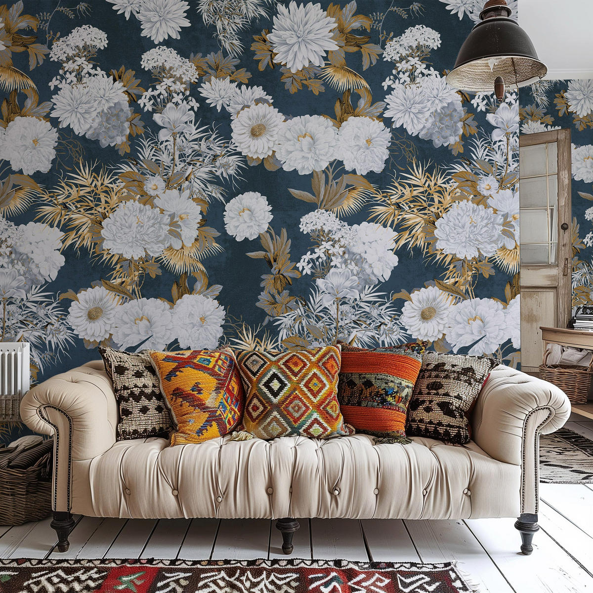 TAPETE Mit Blumen Blau Gold aus echtem Papier, 180x260cm, 2 Rollen - Goldfarben, Papier (180/260cm) - WALLPAPERS4BEGINNERS