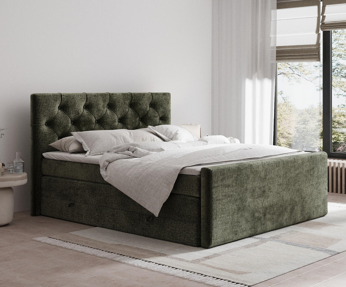 BOXSPRINGBETT Hugo Olivenfarbe 140/200 cm - Schwarz/Olivgrün, Holz/Holzwerkstoff (140/200cm) - Maison de Reve